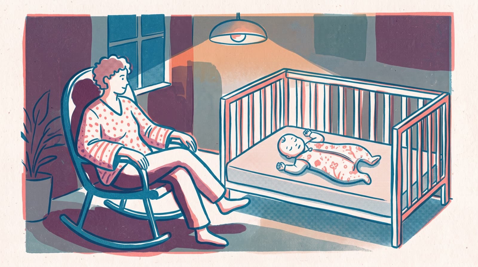 Ilustracja w stylu risografu: spokojny rodzic w fotelu bujanym obok łóżeczka ze śpiącym dzieckiem