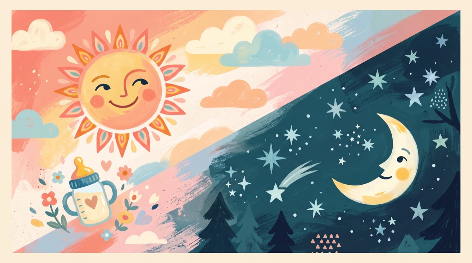 Ilustracja gwaszem podzielona na dzień ze słońcem i butelką oraz noc z księżycem i gwiazdami