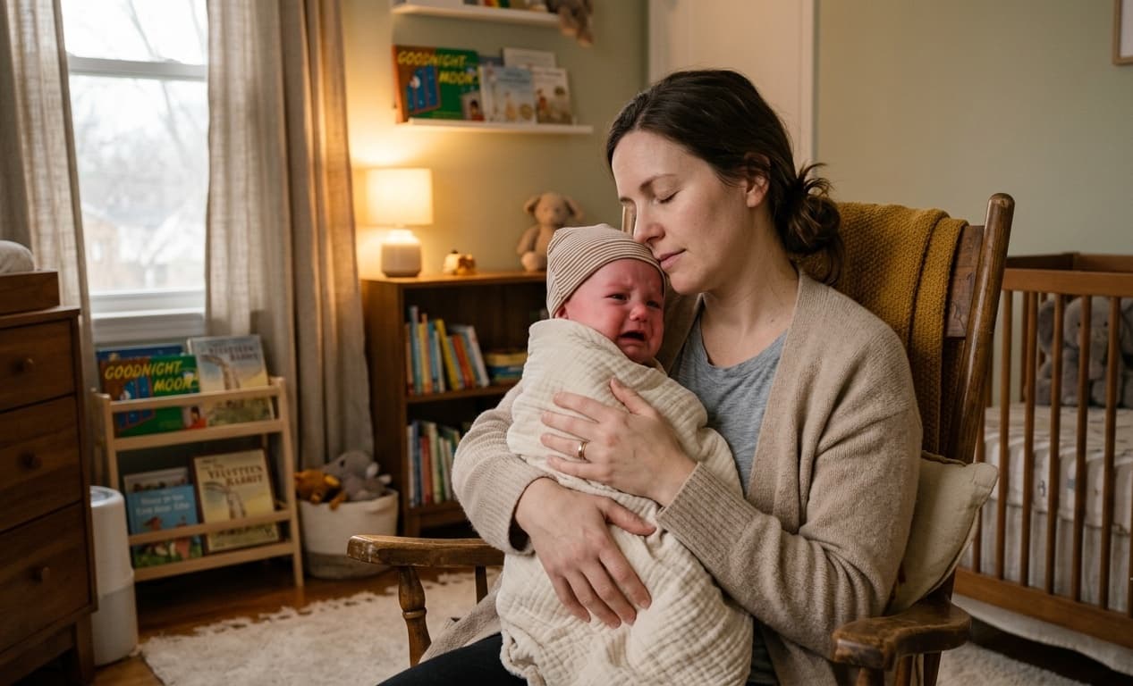 Mama spokojnie przytulająca płaczące niemowlę w fotelu w pokoju dziecięcym