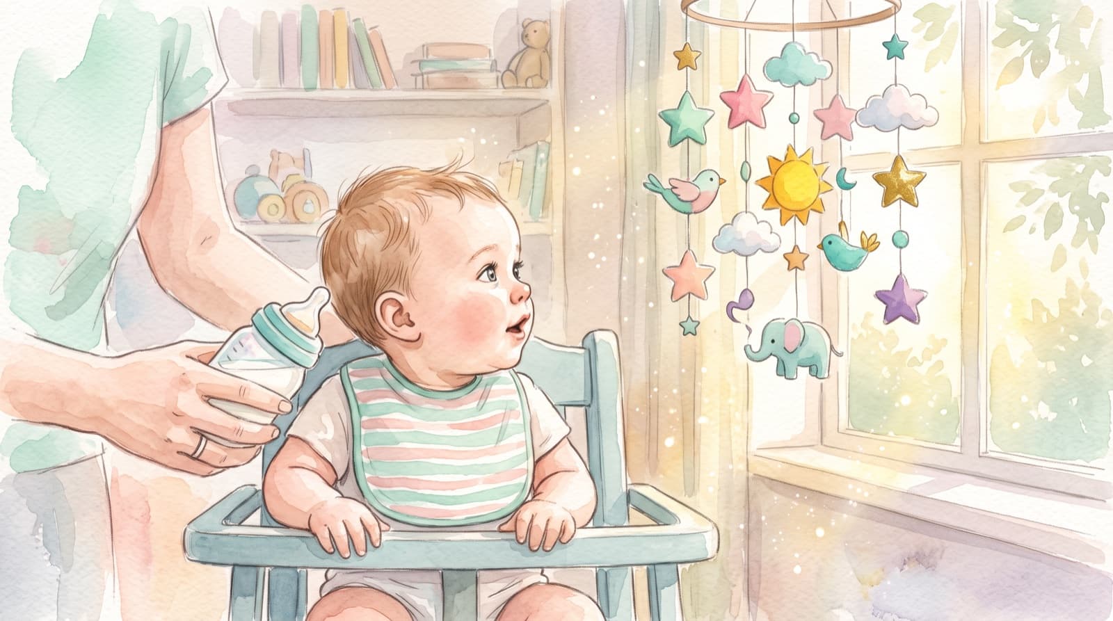 Akwarelowa ilustracja niemowlęcia w krzesełku, które z ciekawością odwraca głowę od butelki w stronę kolorowego karuzelki