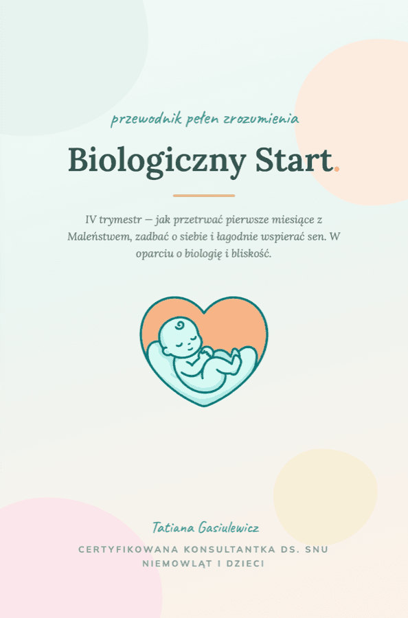 Okładka ebooka „Biologiczny Start” — ilustracja śpiącego noworodka w sercu.