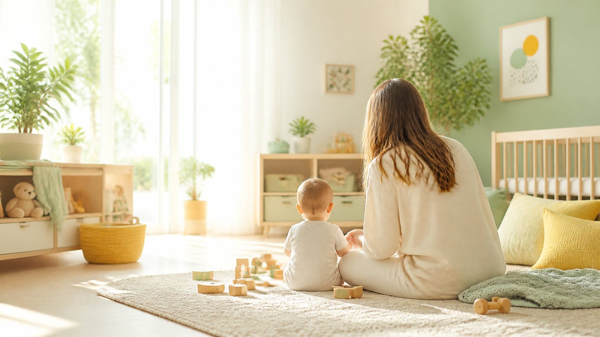 Mama siedzi z niemowlęciem na dywanie w słonecznym, jasnym pokoju dziecięcym, bawiąc się drewnianymi klockami.